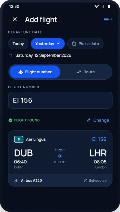 Adding flight EI 156 by flight number, with the flight found and details filled in