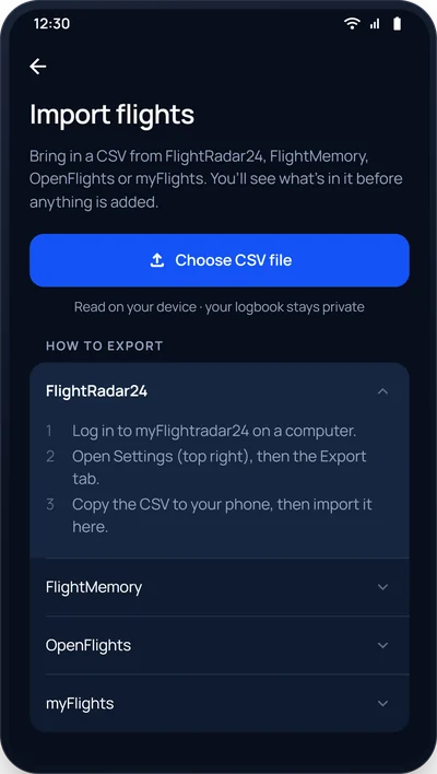 The Import screen with export steps for FlightRadar24